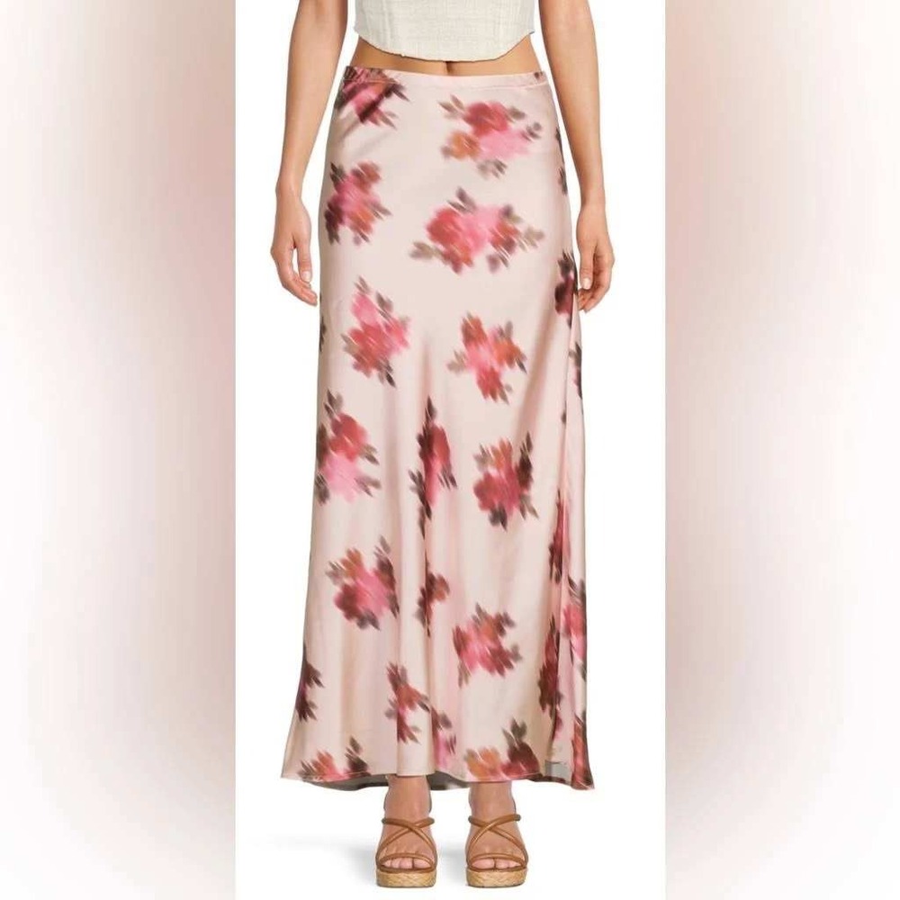 Floral Satin Slip Midi Skirt Pink Watercolor Floral Bias Cut Pull-On Skirt